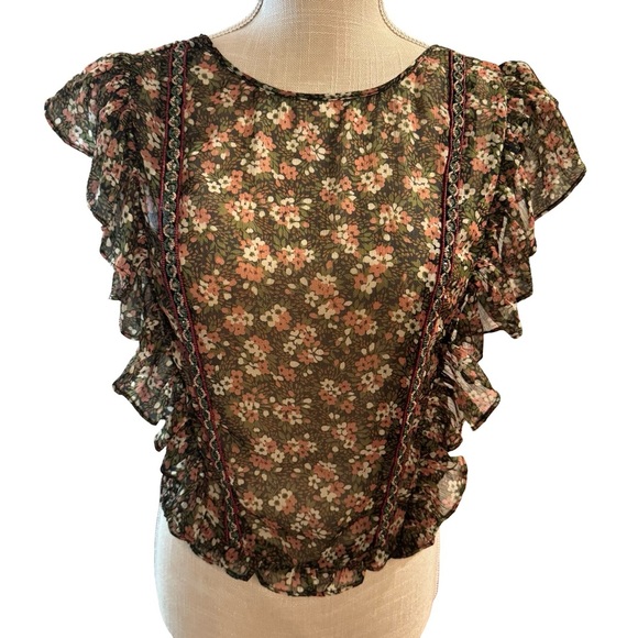 Zara Tops - Zara Floral Ruffle Blouse with Beaded Embroidery